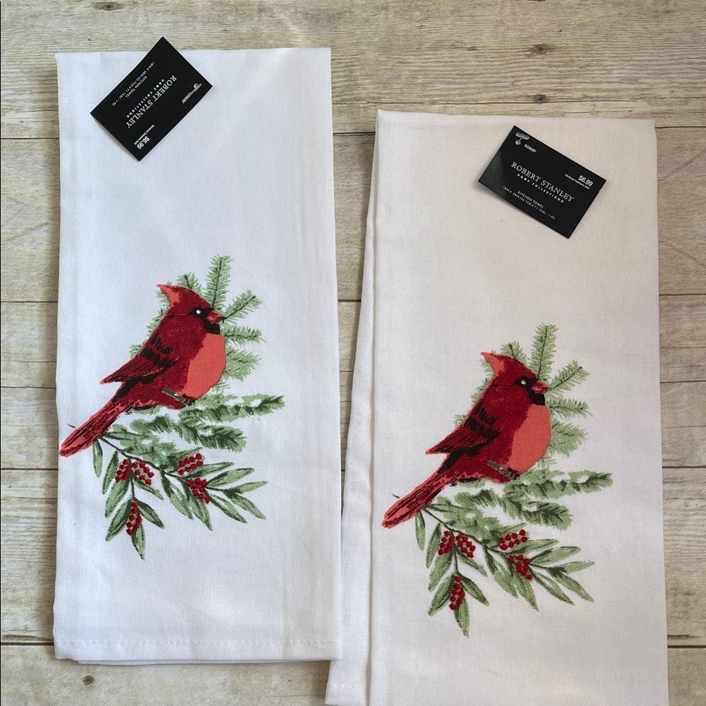 Cardinal Bird Embroidered Cotton Kitchen Towels Set of Two